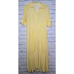 A Loves A Pinstripe Print Collar 3/4 Cuff Sleeve Tiered Midi Shirt Dress XS.